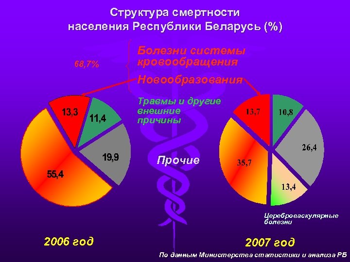 Структура смертности населения Республики Беларусь (%) 68, 7% Болезни системы кровообращения Новообразования Травмы и