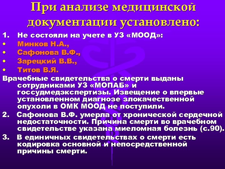 При анализе медицинской документации установлено: 1. Не состояли на учете в УЗ «МООД» :