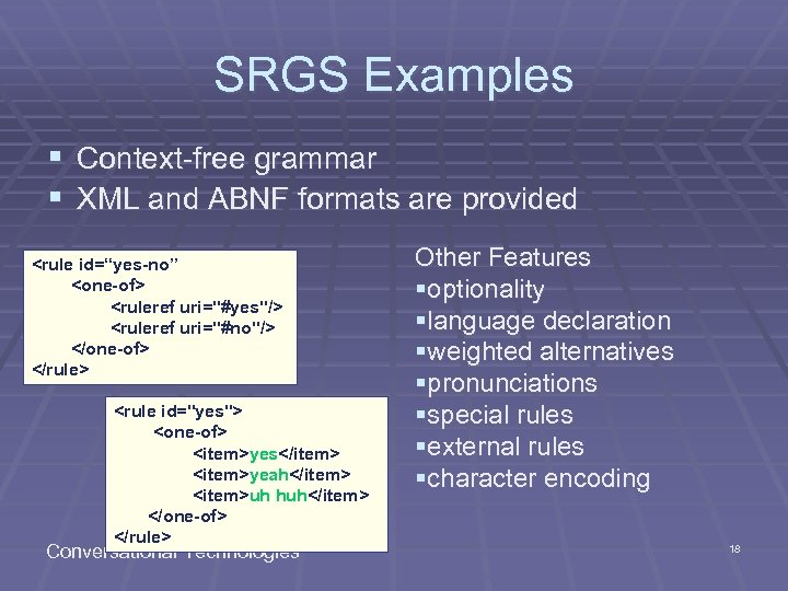 SRGS Examples § Context-free grammar § XML and ABNF formats are provided <rule id=“yes-no”