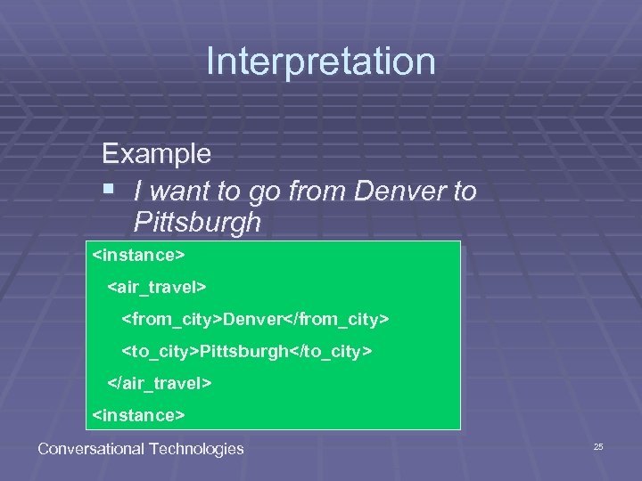 Interpretation Example § I want to go from Denver to Pittsburgh <instance> <air_travel> <from_city>Denver</from_city>