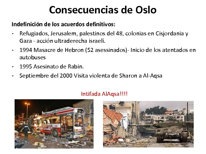 Consecuencias de Oslo Indefinición de los acuerdos definitivos: - Refugiados, Jerusalem, palestinos del 48,