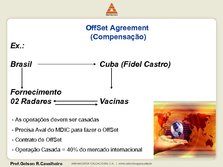 Off. Set Agreement (Compensação) Ex. : Brasil Cuba (Fidel Castro) Fornecimento 02 Radares Vacinas