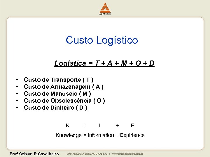 Custo Logística = T + A + M + O + D • •