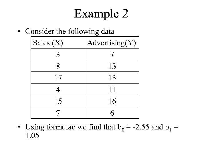 Example 2 • Consider the following data Sales (X) Advertising(Y) 3 7 8 13