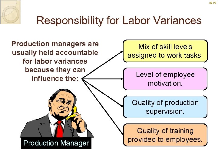 10 -19 Responsibility for Labor Variances Production managers are usually held accountable for labor