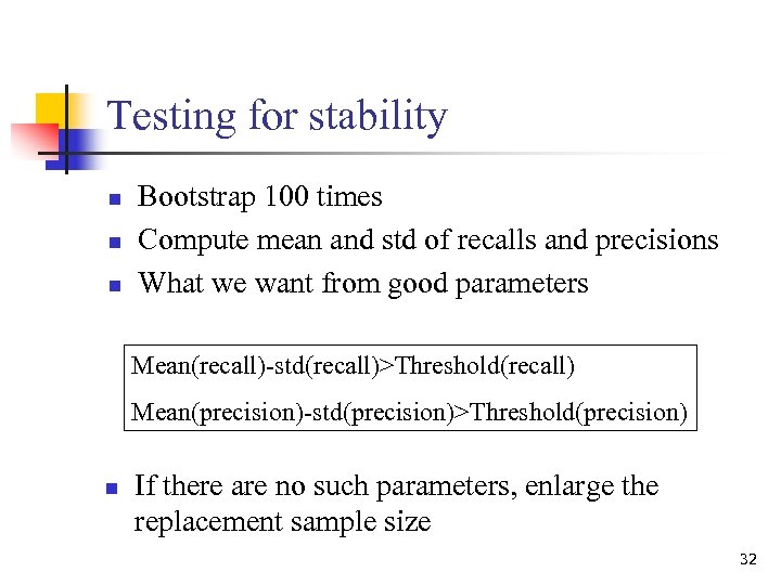 Testing for stability n n n Bootstrap 100 times Compute mean and std of