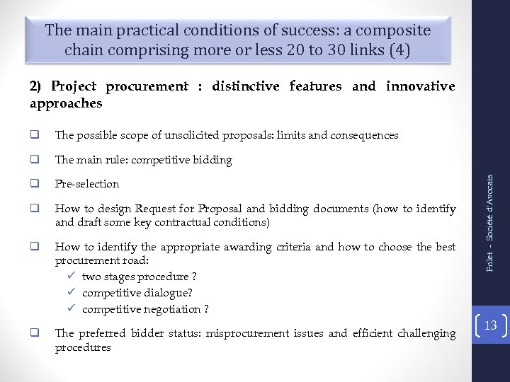 The main practical conditions of success: a composite chain comprising more or less 20