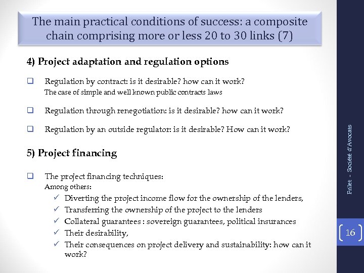 The main practical conditions of success: a composite chain comprising more or less 20