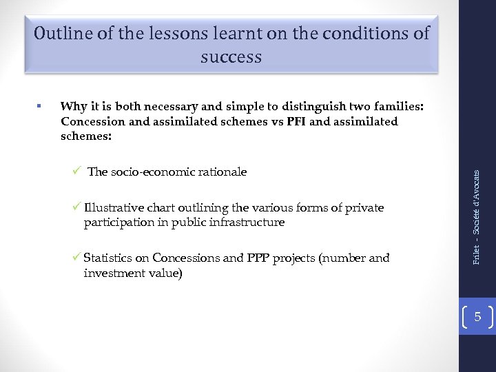 Outline of the lessons learnt on the conditions of success Why it is both