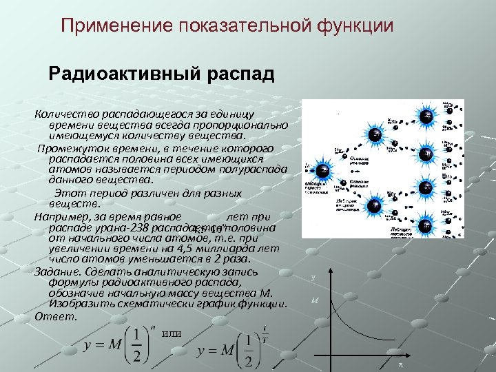 Применение показательной функции Радиоактивный распад Количество распадающегося за единицу времени вещества всегда пропорционально имеющемуся
