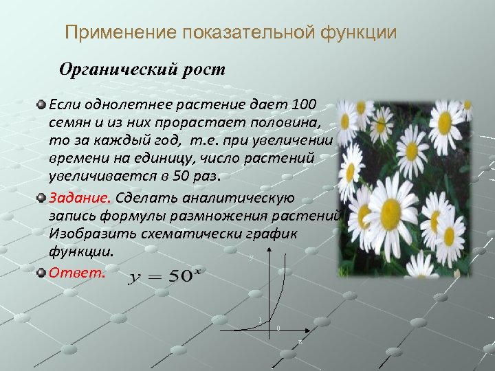 Применение показательной функции Органический рост Если однолетнее растение дает 100 семян и из них