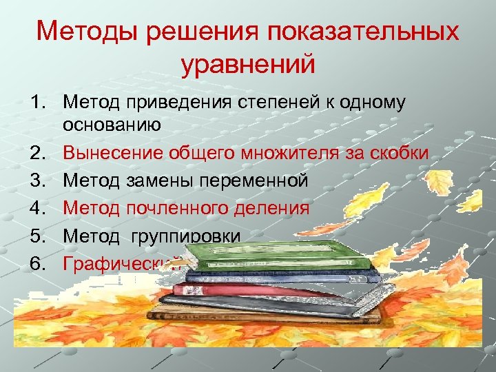 Методы решения показательных уравнений 1. Метод приведения степеней к одному основанию 2. Вынесение общего