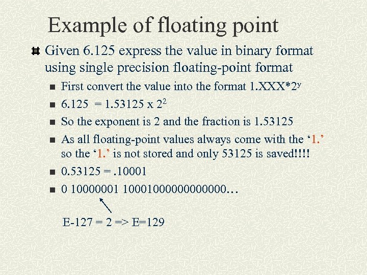 Example of floating point Given 6. 125 express the value in binary format usingle