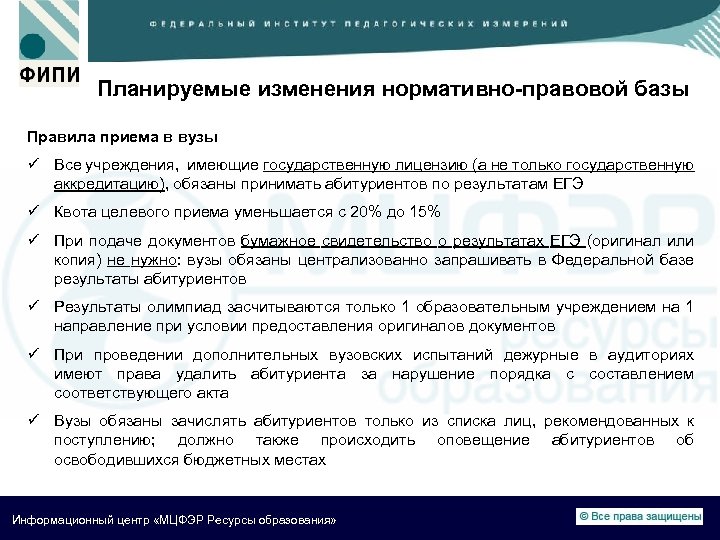 Планируемые изменения нормативно-правовой базы Правила приема в вузы ü Все учреждения, имеющие государственную лицензию