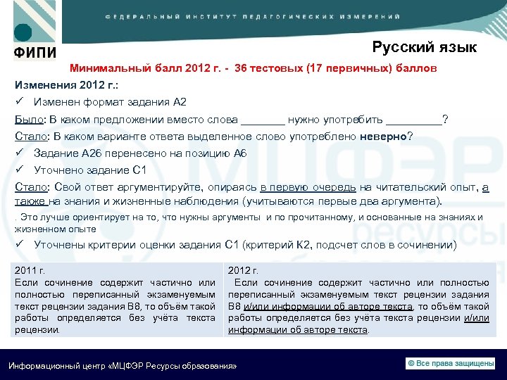 Русский язык Минимальный балл 2012 г. - 36 тестовых (17 первичных) баллов Изменения 2012