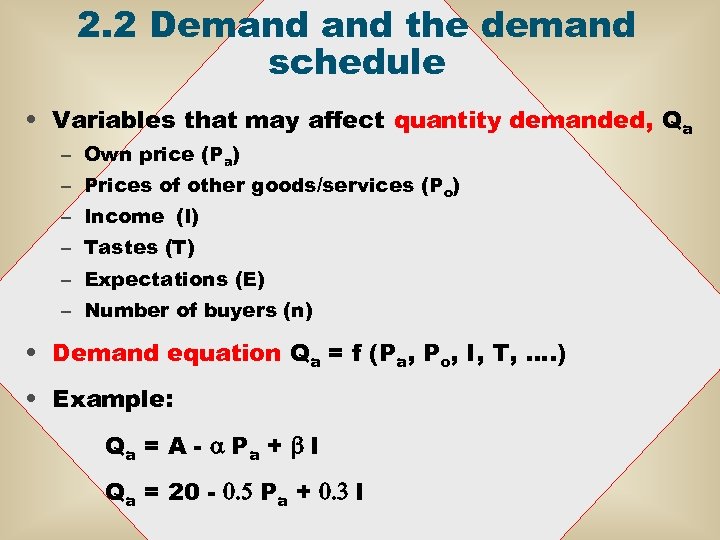 2. 2 Demand the demand schedule • Variables that may affect quantity demanded, Qa