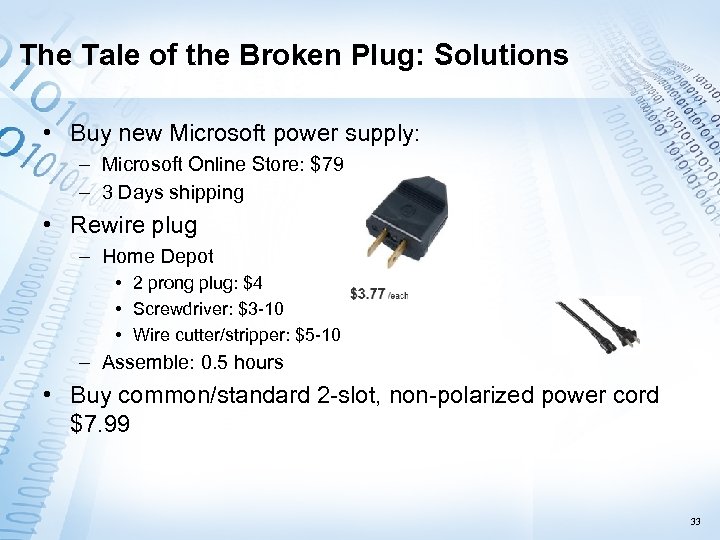 The Tale of the Broken Plug: Solutions • Buy new Microsoft power supply: –