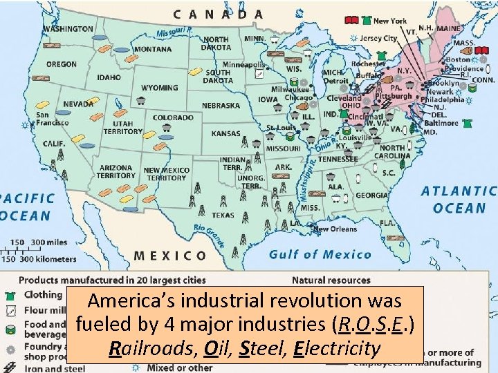 America’s industrial revolution was fueled by 4 major industries (R. O. S. E. )