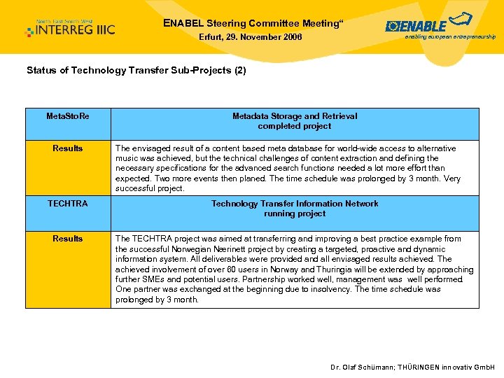 ENABEL Steering Committee Meeting“ Erfurt, 29. November 2006 enabling european entrepreneurship Status of Technology