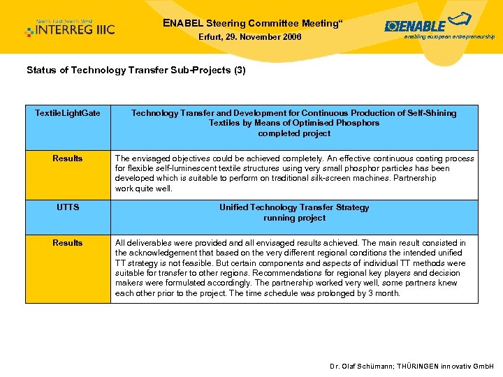 ENABEL Steering Committee Meeting“ Erfurt, 29. November 2006 enabling european entrepreneurship Status of Technology