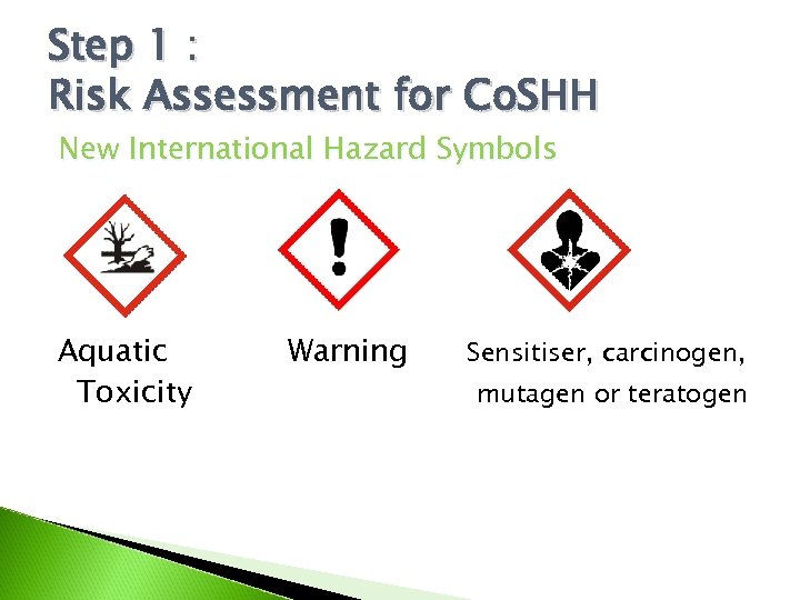 Step 1 : Risk Assessment for Co. SHH New International Hazard Symbols Aquatic Toxicity