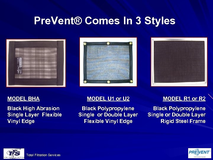 Pre. Vent® Comes In 3 Styles MODEL BHA Black High Abrasion Single Layer Flexible