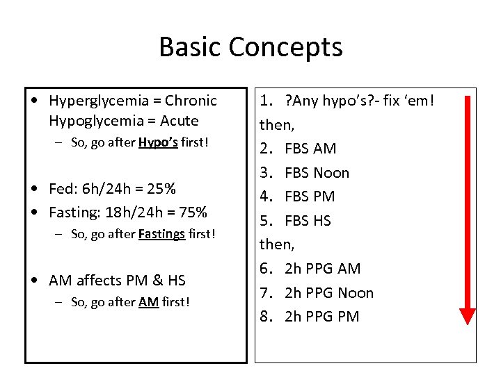 Basic Concepts • Hyperglycemia = Chronic Hypoglycemia = Acute – So, go after Hypo’s