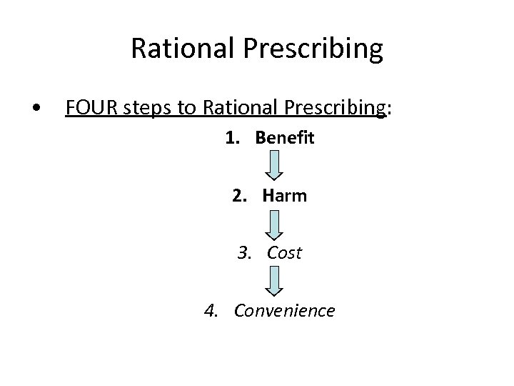 Rational Prescribing • FOUR steps to Rational Prescribing: 1. Benefit 2. Harm 3. Cost