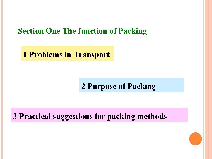 Section One The function of Packing 1 Problems in Transport 2 Purpose of Packing