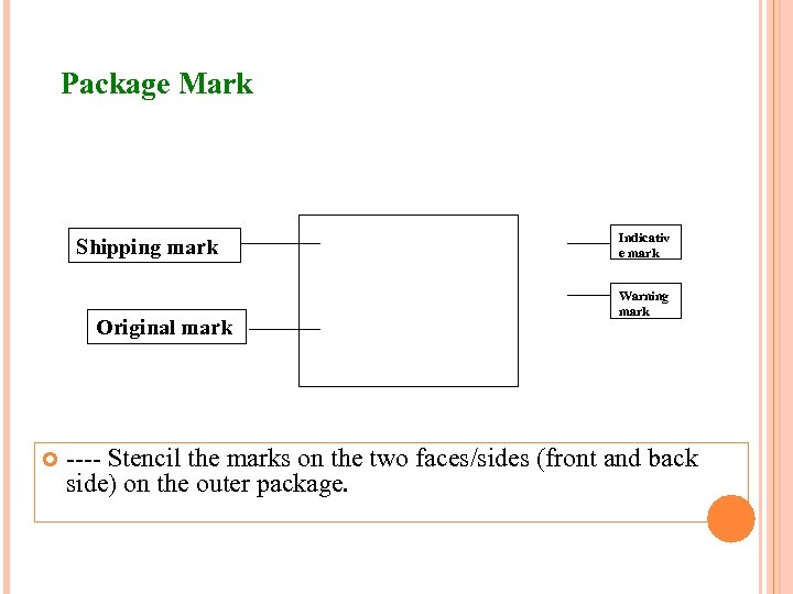 Package Mark Shipping mark Original mark Indicativ e mark Warning mark ---- Stencil the