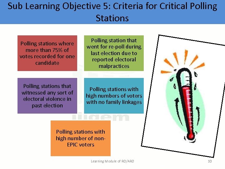 Sub Learning Objective 5: Criteria for Critical Polling Stations Polling stations where more than