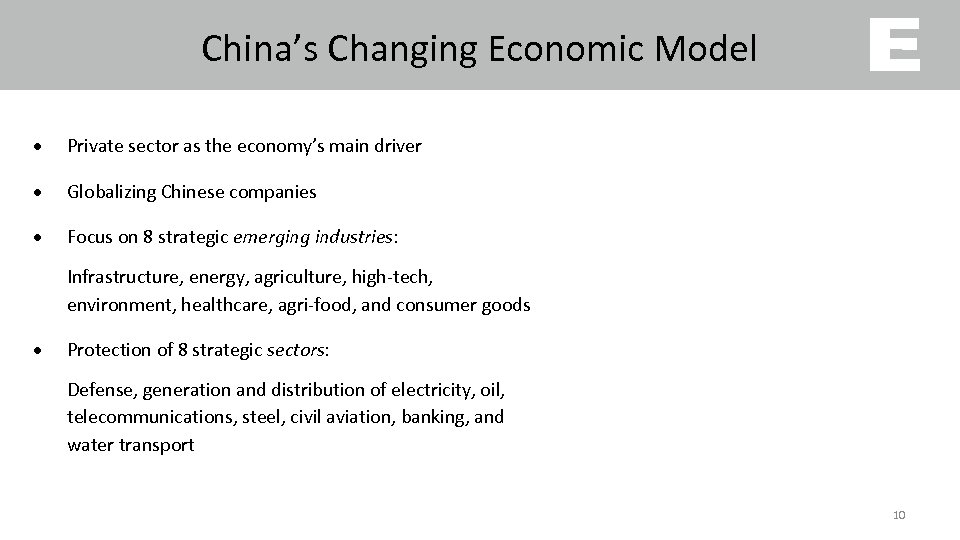 China’s Changing Economic Model Private sector as the economy’s main driver Globalizing Chinese companies