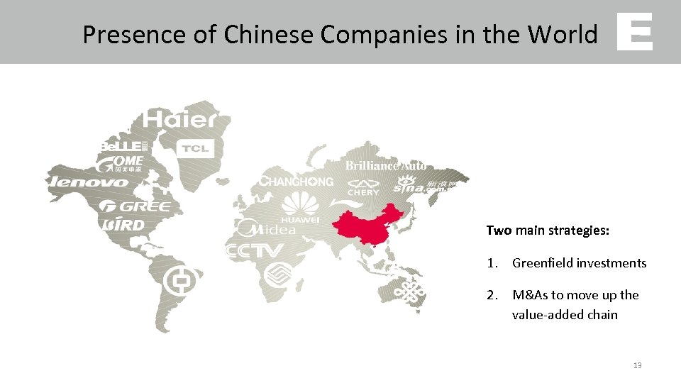 Presence of Chinese Companies in the World Two main strategies: 1. Greenfield investments 2.