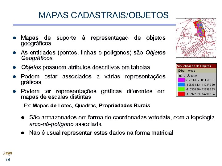 MAPAS CADASTRAIS/OBJETOS l Mapas de suporte à representação de objetos geográficos l As entidades