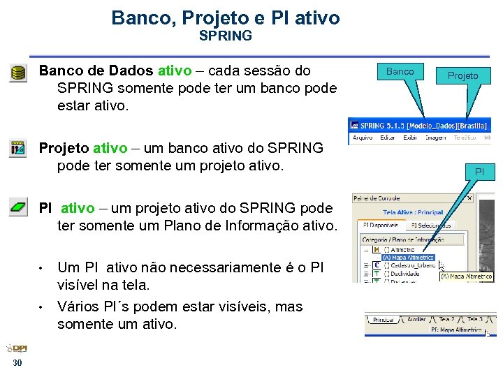 Banco, Projeto e PI ativo SPRING Banco de Dados ativo – cada sessão do