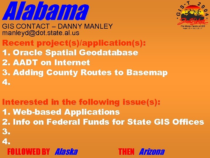 Alabama GIS CONTACT – DANNY MANLEY manleyd@dot. state. al. us Recent project(s)/application(s): 1. Oracle