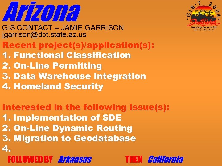 Arizona GIS CONTACT – JAMIE GARRISON jgarrison@dot. state. az. us Recent project(s)/application(s): 1. Functional