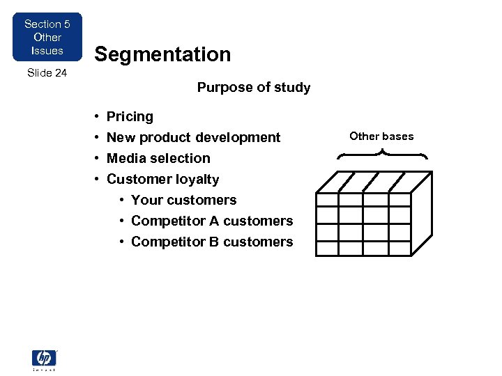 Section 5 Other Issues Segmentation Slide 24 Purpose of study • • Pricing New