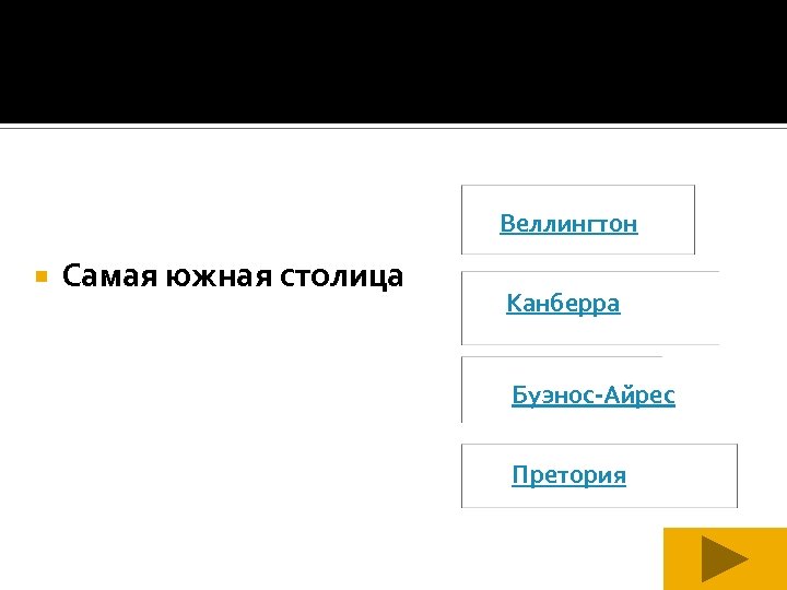 Веллингтон Самая южная столица Канберра Буэнос-Айрес Претория 