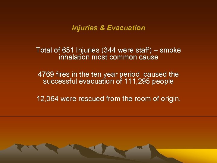 Injuries & Evacuation Total of 651 Injuries (344 were staff) – smoke inhalation most