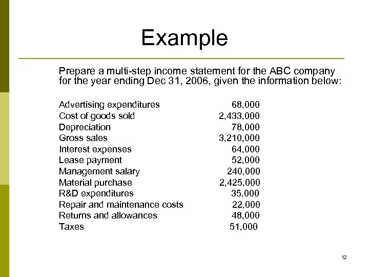 Example Prepare a multi-step income statement for the ABC company for the year ending