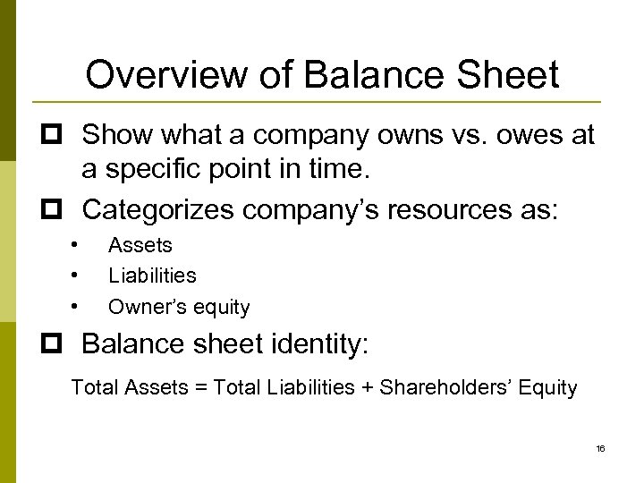 Overview of Balance Sheet p Show what a company owns vs. owes at a