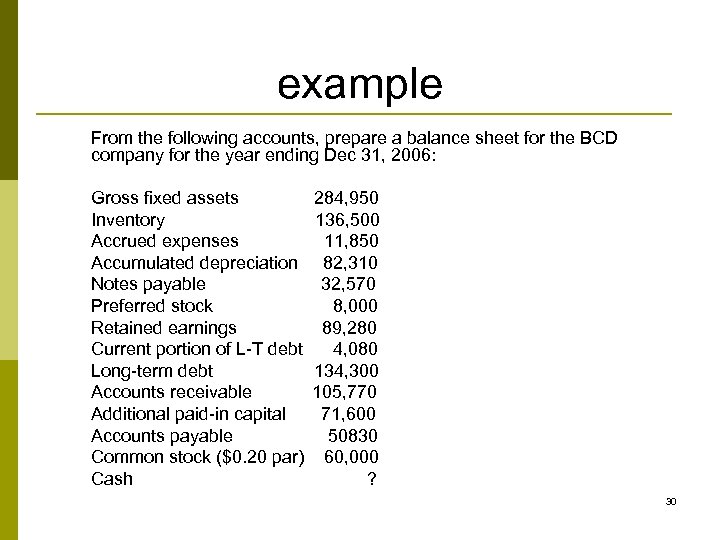 example From the following accounts, prepare a balance sheet for the BCD company for