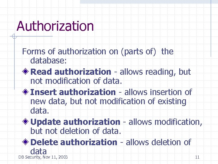 Authorization Forms of authorization on (parts of) the database: Read authorization - allows reading,