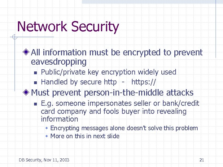 Network Security All information must be encrypted to prevent eavesdropping n n Public/private key