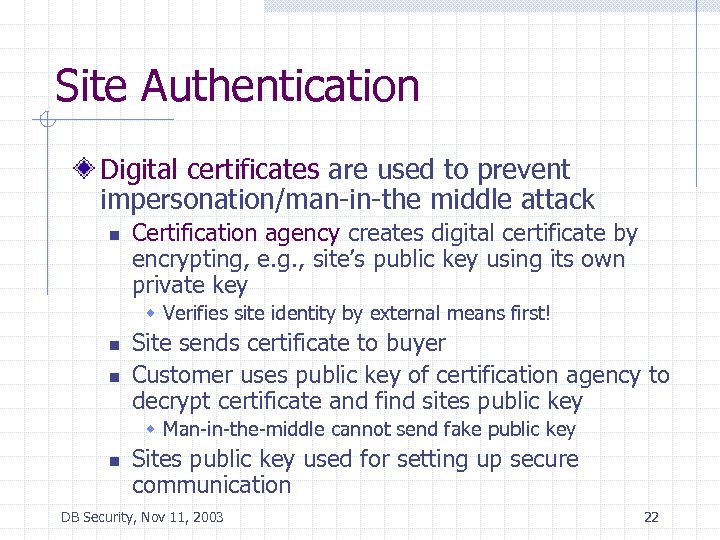 Site Authentication Digital certificates are used to prevent impersonation/man-in-the middle attack n Certification agency