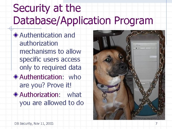 Security at the Database/Application Program Authentication and authorization mechanisms to allow specific users access