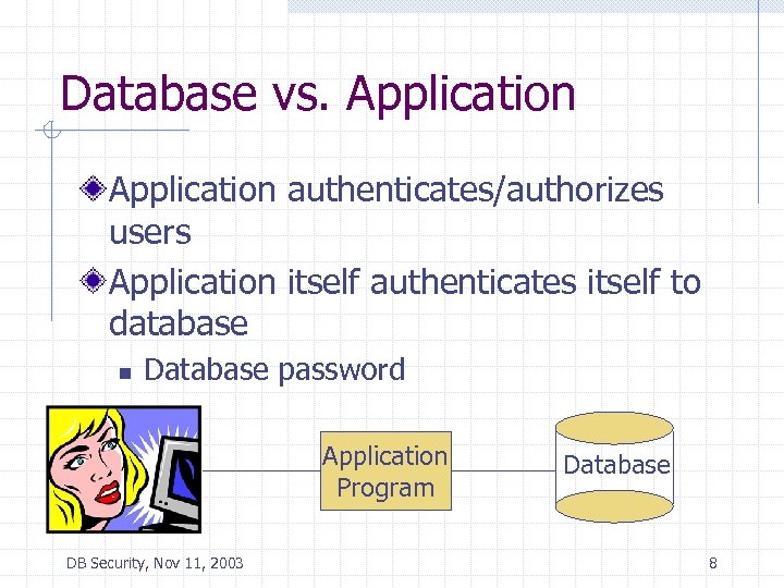 Database vs. Application authenticates/authorizes users Application itself authenticates itself to database n Database password