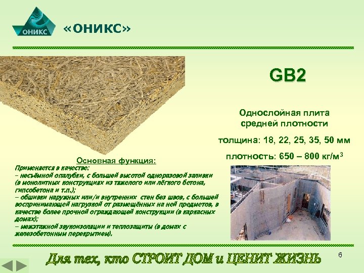  «ОНИКС» GB 2 Однослойная плита средней плотности толщина: 18, 22, 25, 35, 50