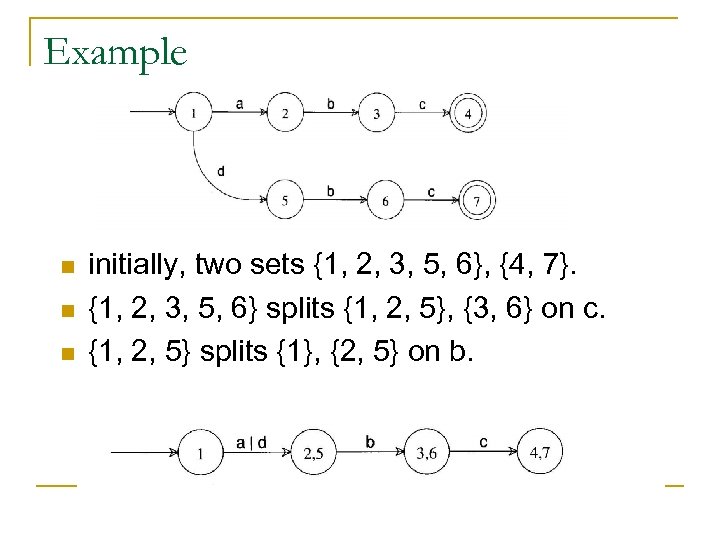 Example n n n initially, two sets {1, 2, 3, 5, 6}, {4, 7}.